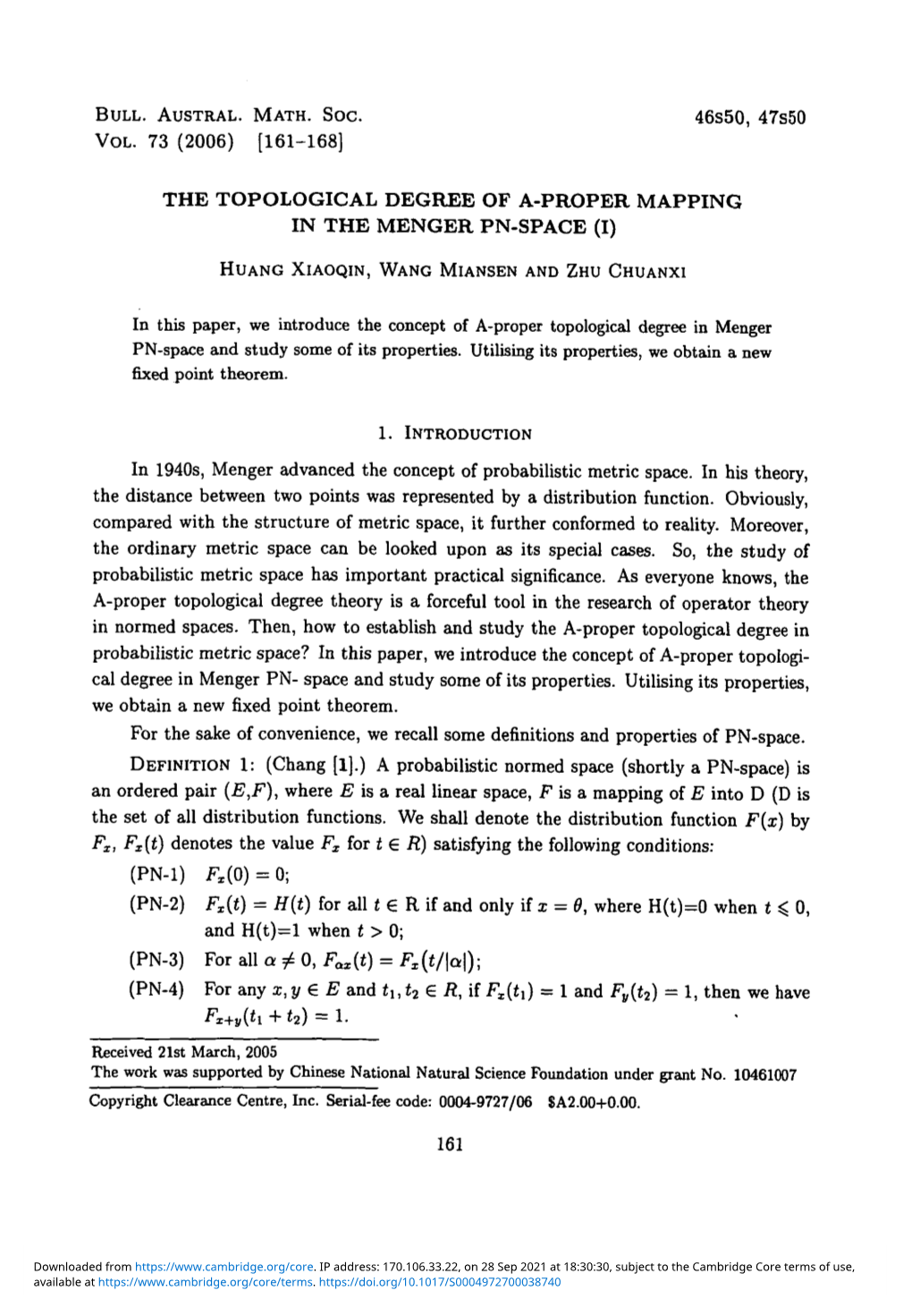 The Topological Degree of A-Proper Mapping in the Menger Pn-Space (I)