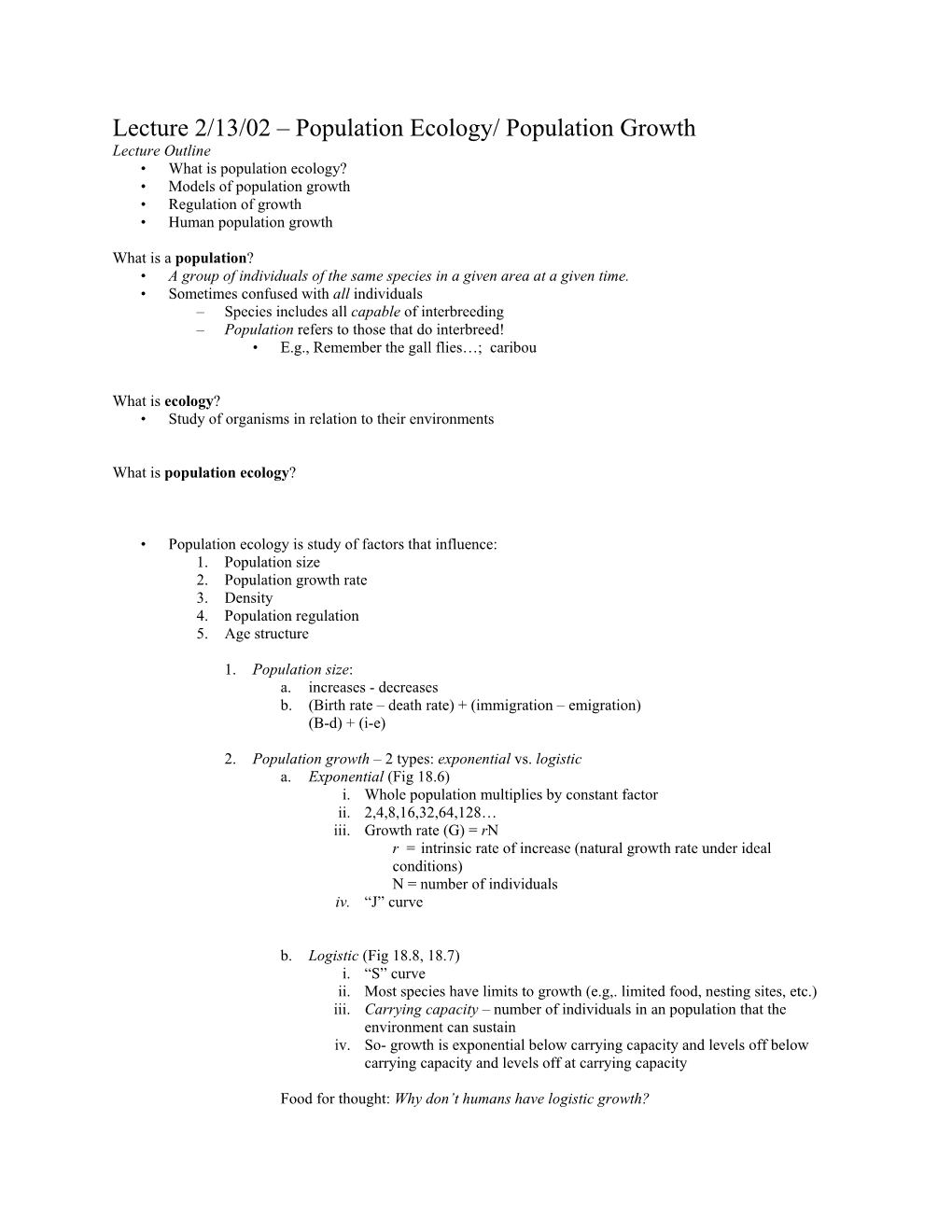 Lecture 2/13/02 – Population Ecology/ Population Growth