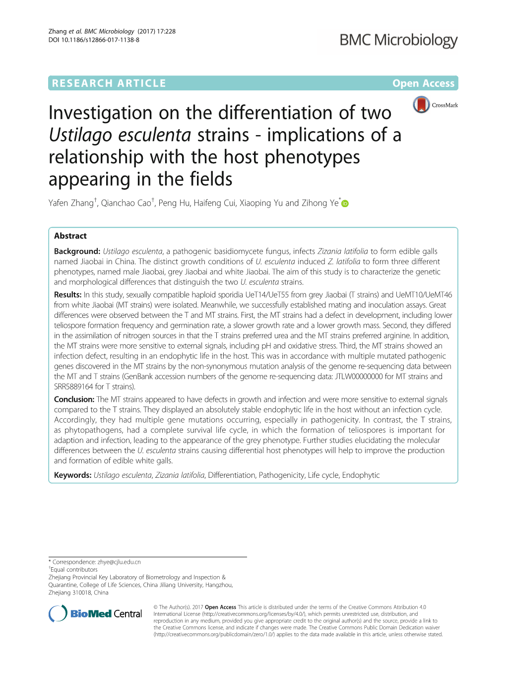 Investigation on the Differentiation of Two Ustilago Esculenta Strains