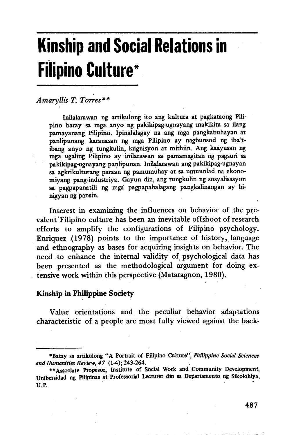 Kinship and Social Relations in Filipino Culture