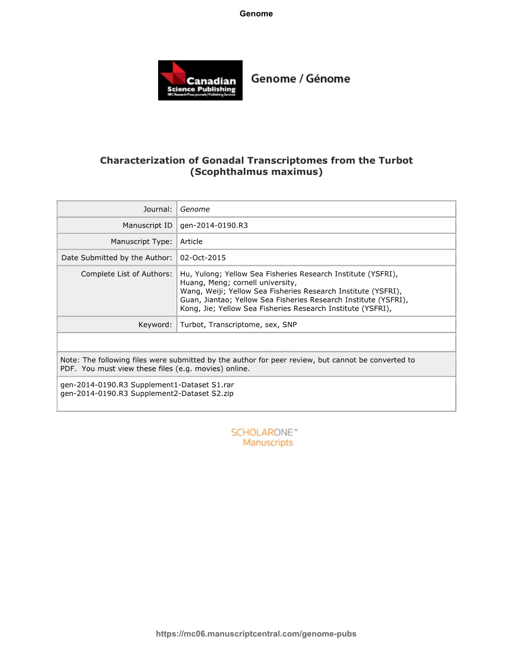 Characterization of Gonadal Transcriptomes from the Turbot (Scophthalmus Maximus)