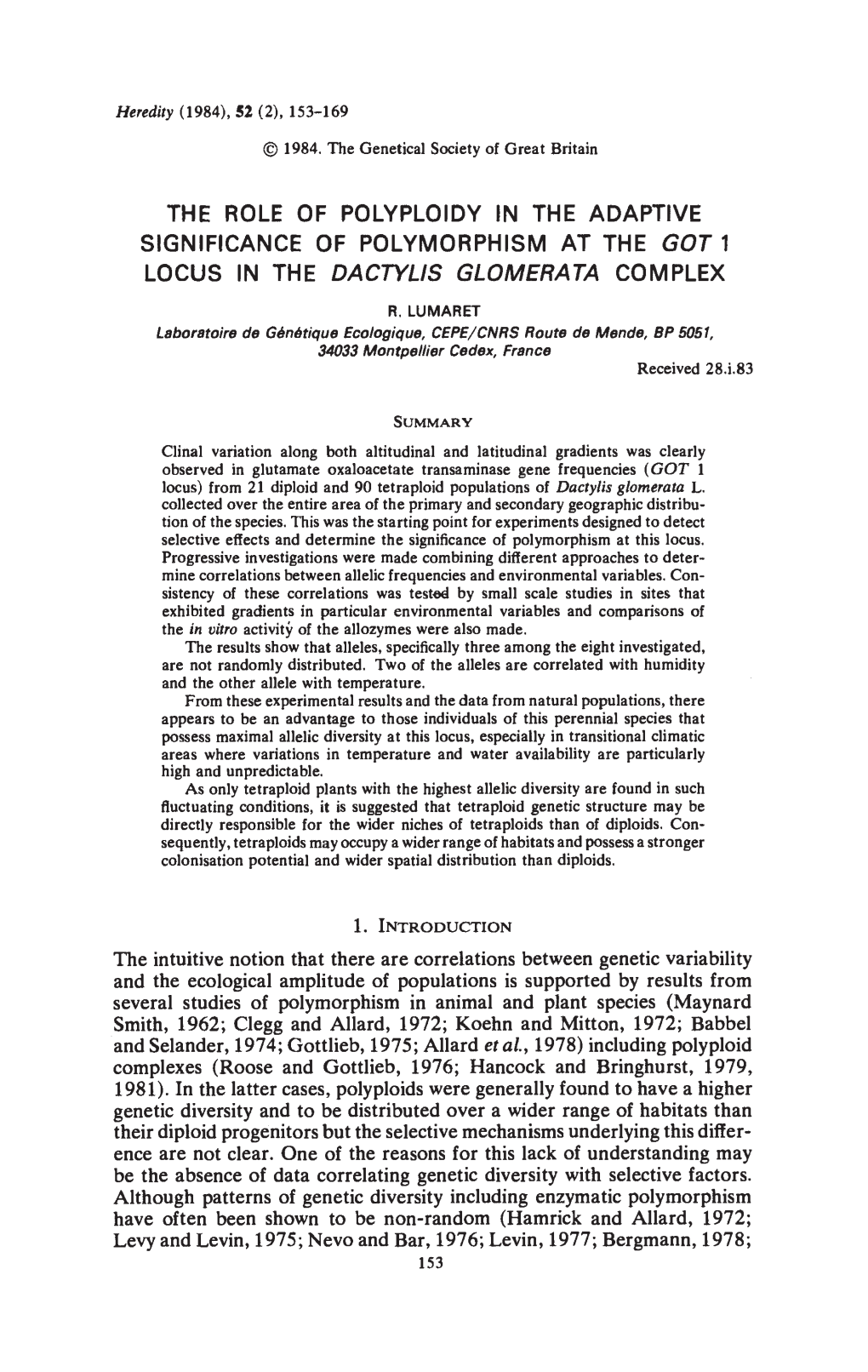 The Role of Polyploidy in the Adaptive Significance of Polymorphism at the Got 1 Locus in the Dactylis Glomerata Complex