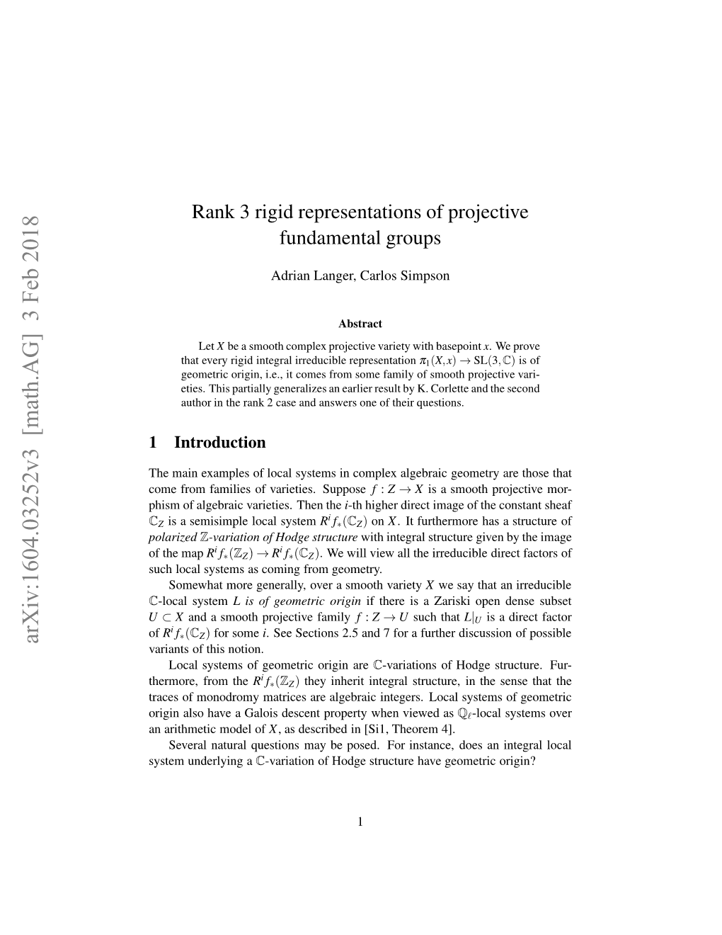 Rank 3 Rigid Representations of Projective Fundamental Groups