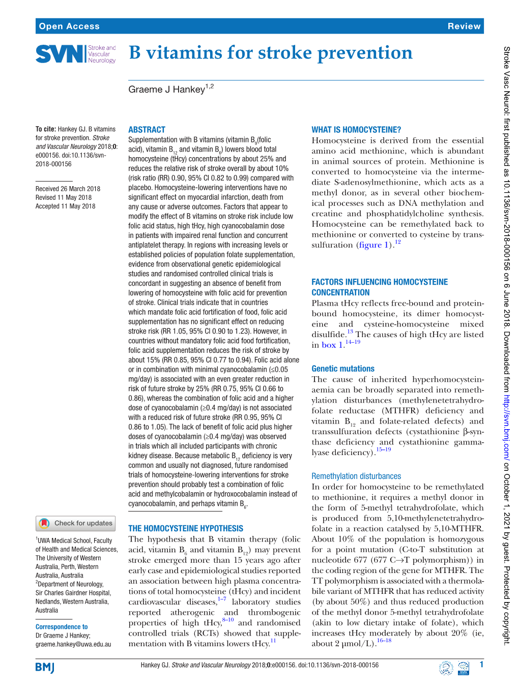 B Vitamins for Stroke Prevention Stroke Vasc Neurol: First Published As 10.1136/Svn-2018-000156 on 6 June 2018