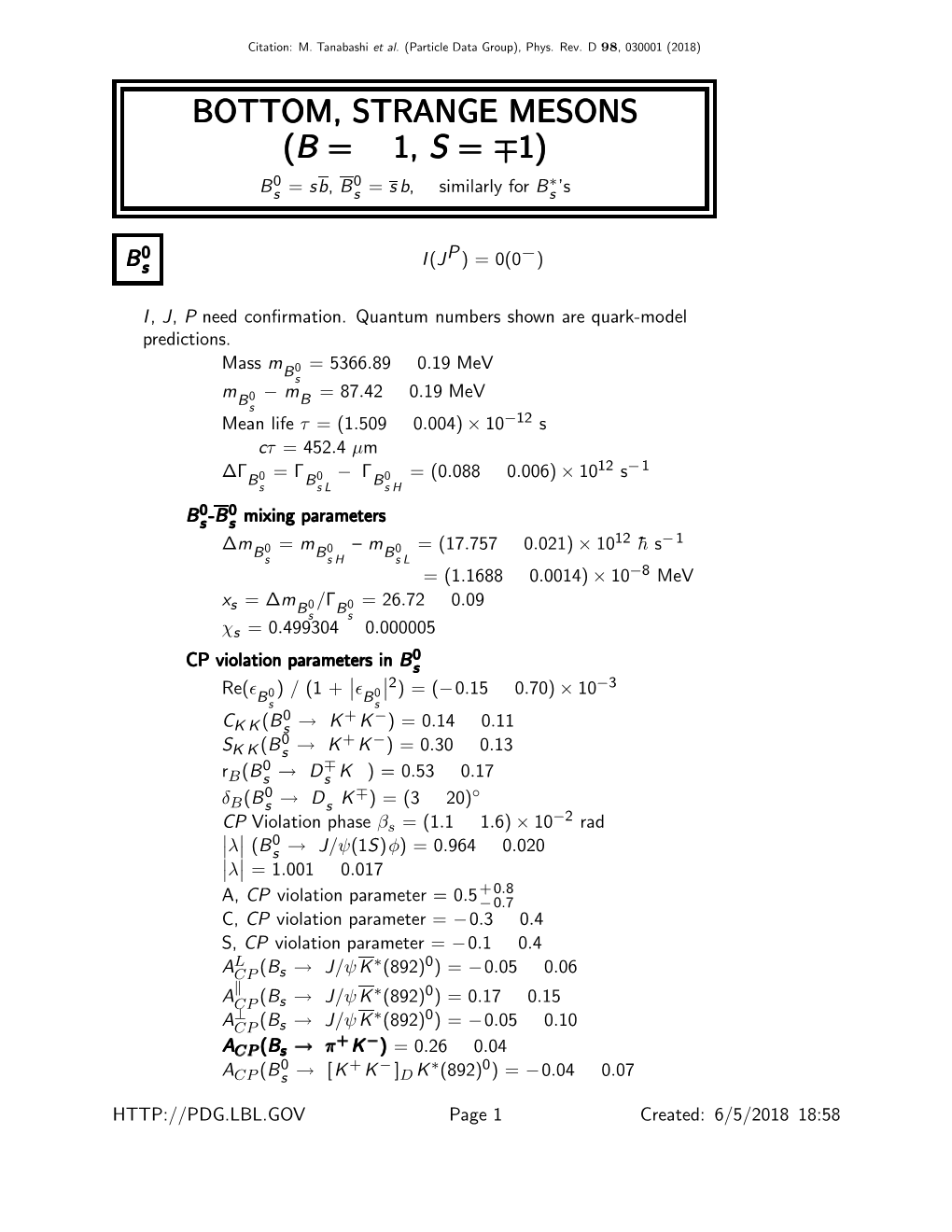 BOTTOM, STRANGE MESONS (B = ±1, S = ∓1) 0 0 ∗ Bs = Sb, Bs = S B, Similarly for Bs ’S