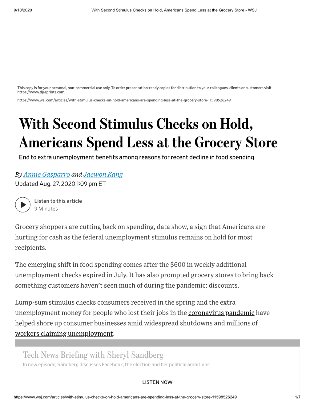 With Second Stimulus Checks on Hold, Americans Spend Less at the Grocery Store - WSJ