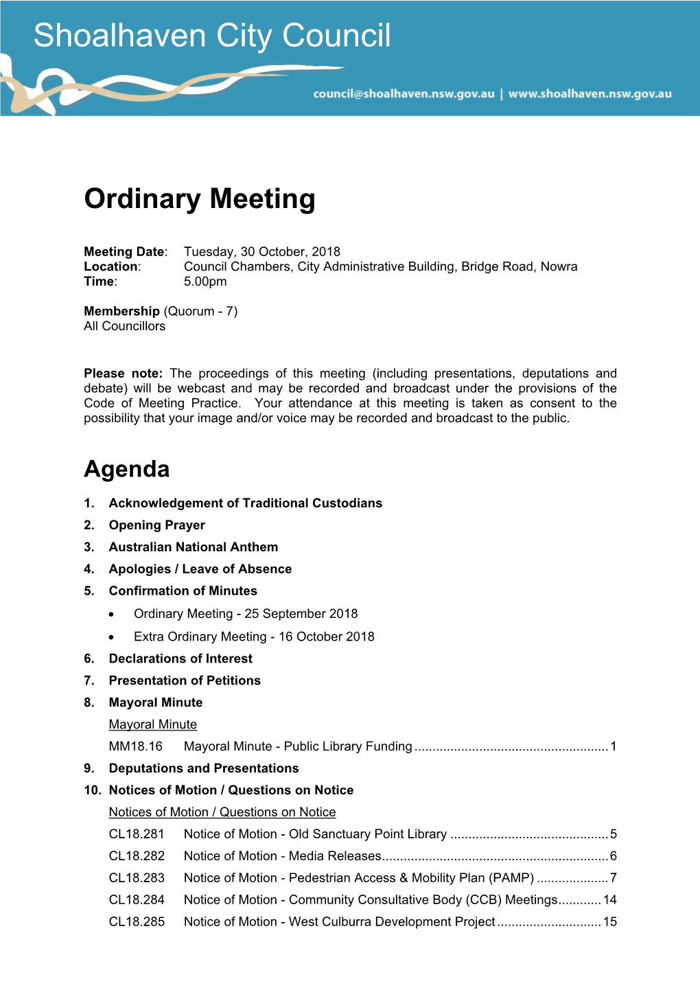 Agenda of Ordinary Meeting