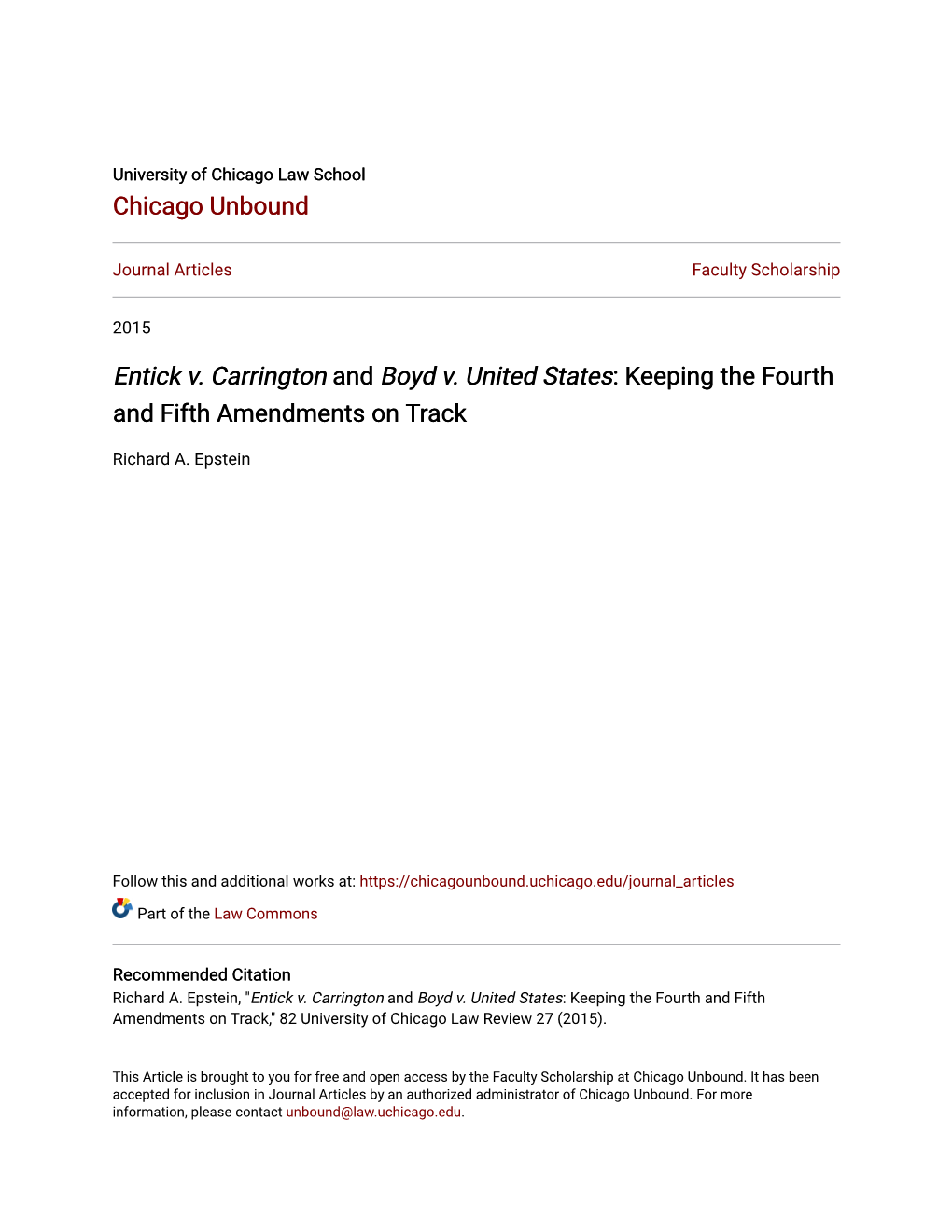 Entick V. Carrington and Boyd V. United States: Keeping the Fourth and Fifth Amendments on Track