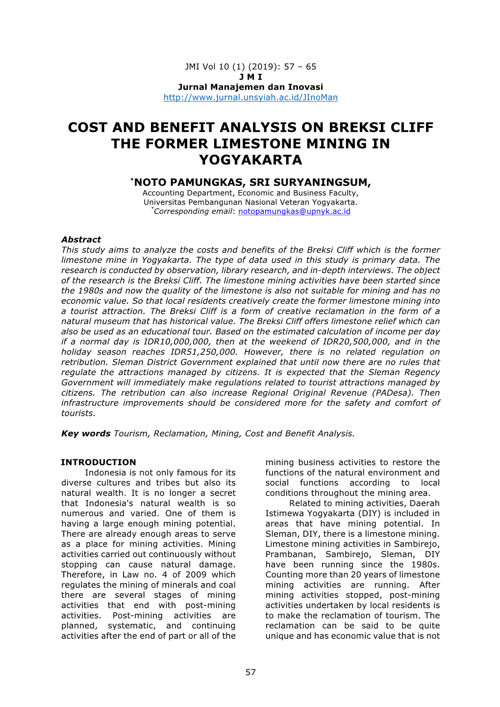 Cost and Benefit Analysis on Breksi Cliff the Former Limestone Mining in Yogyakarta