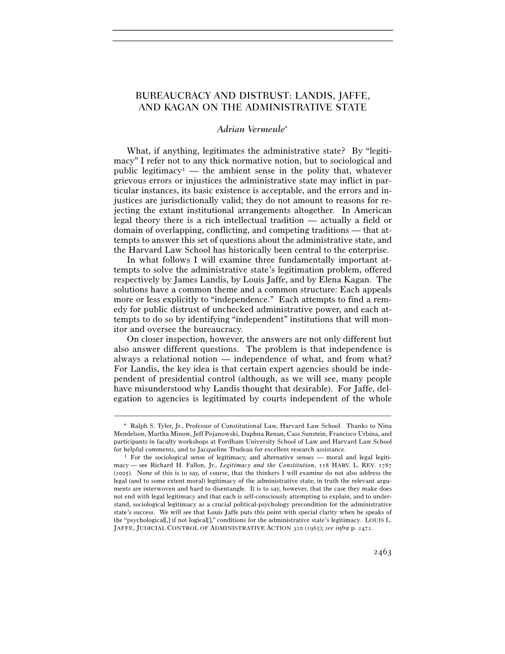 Bureaucracy and Distrust: Landis, Jaffe, and Kagan on the Administrative State