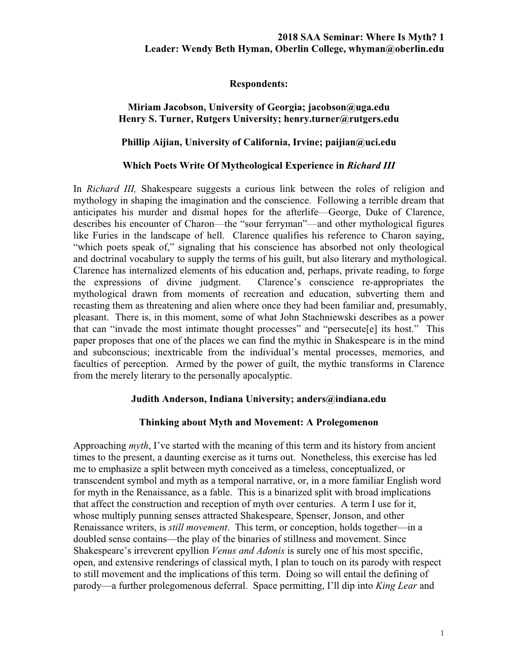 2018 SAA Seminar: Where Is Myth? 1 Leader: Wendy Beth Hyman, Oberlin College, Whyman@Oberlin.Edu