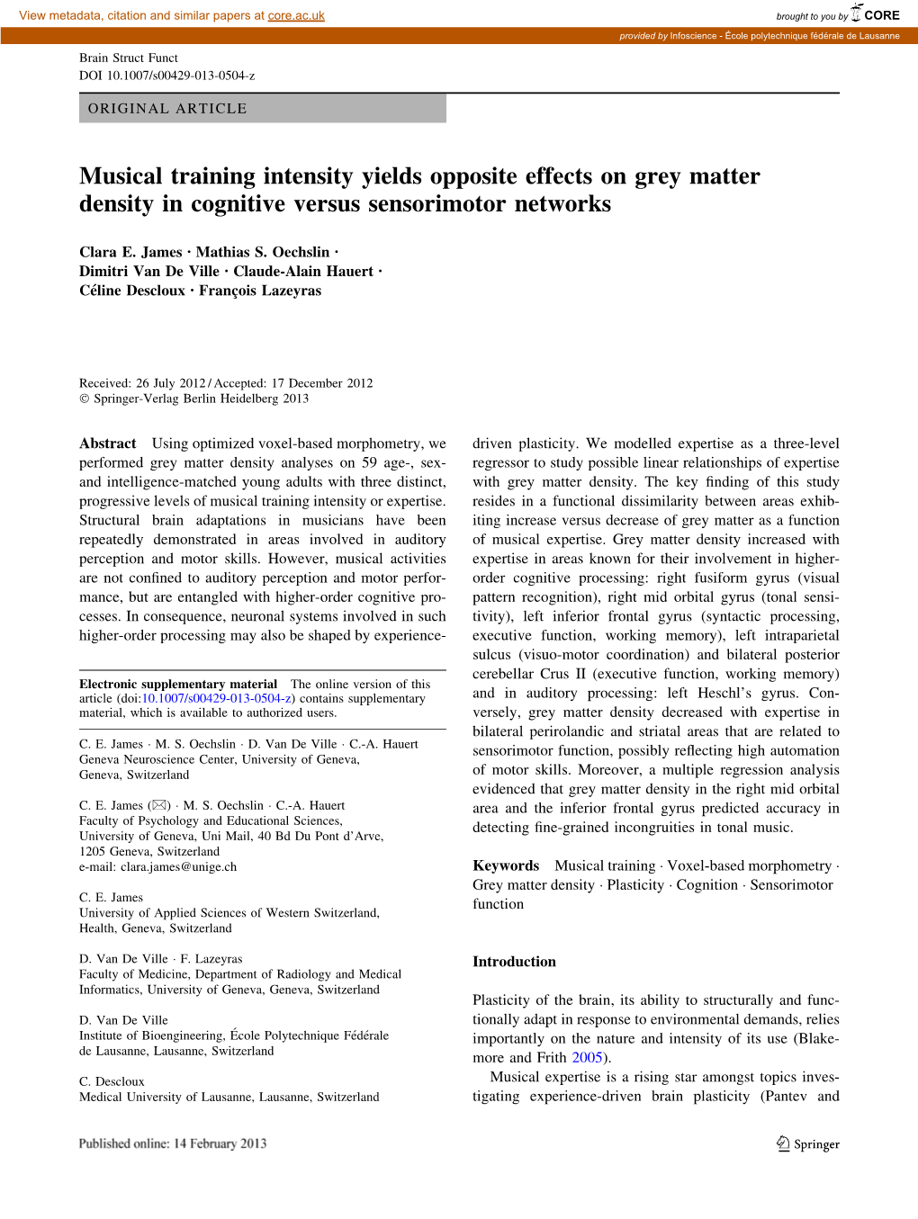 Musical Training Intensity Yields Opposite Effects on Grey Matter Density in Cognitive Versus Sensorimotor Networks