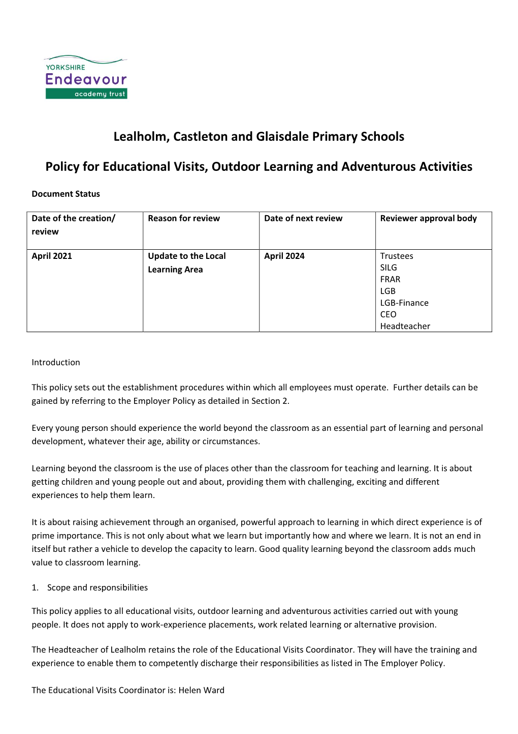 YEAT CGL Educational Visits Policy