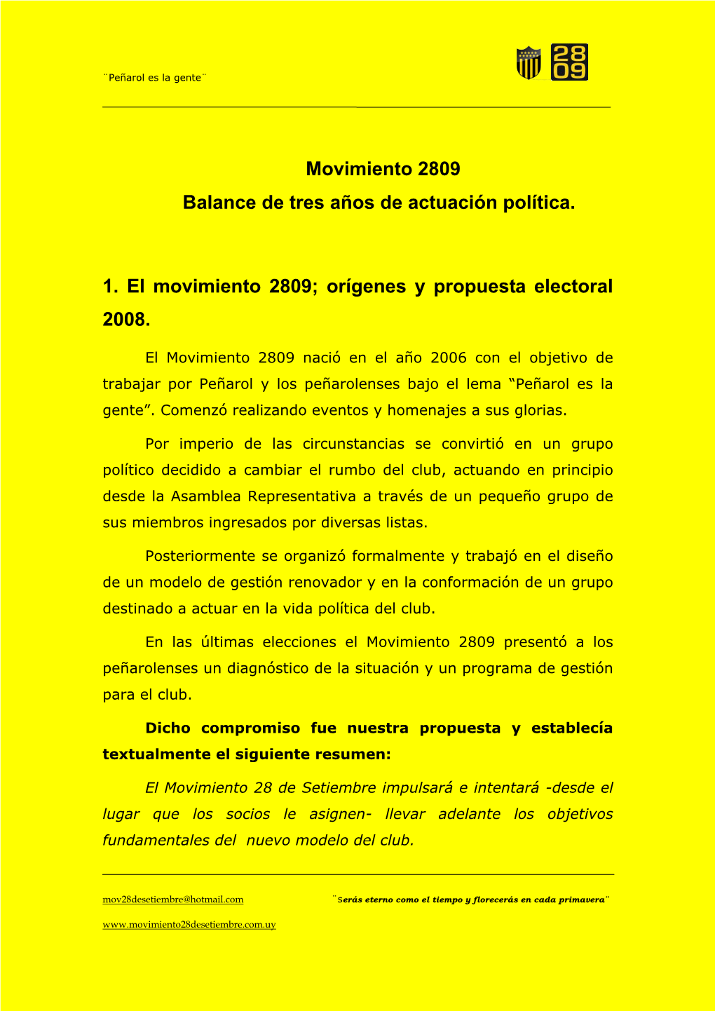 El Movimiento 2809; Orígenes Y Propuesta Electoral 2008