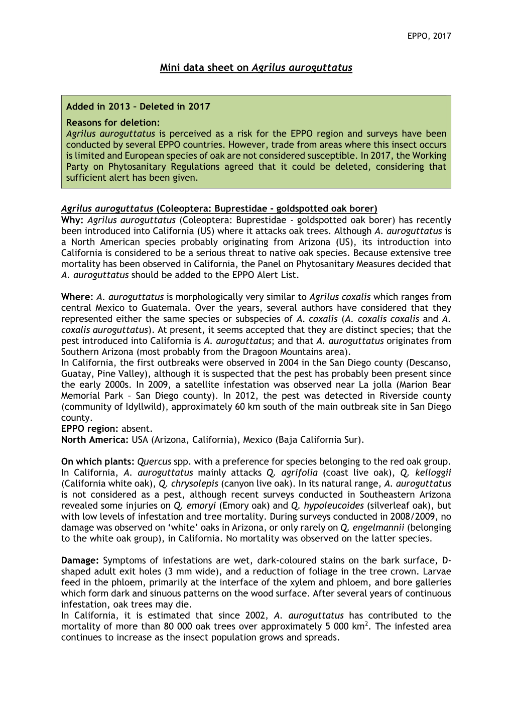 Mini Data Sheet on Agrilus Auroguttatus