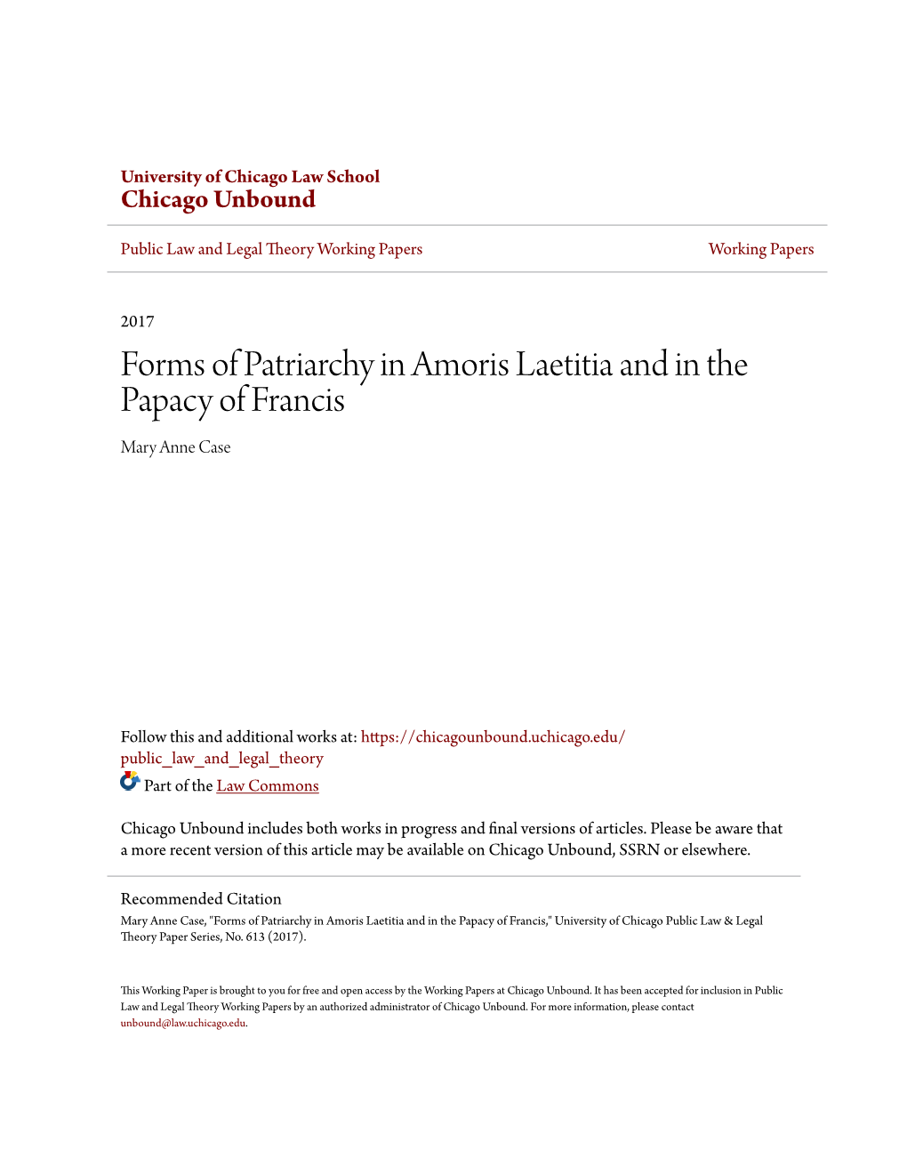 Forms of Patriarchy in Amoris Laetitia and in the Papacy of Francis Mary Anne Case