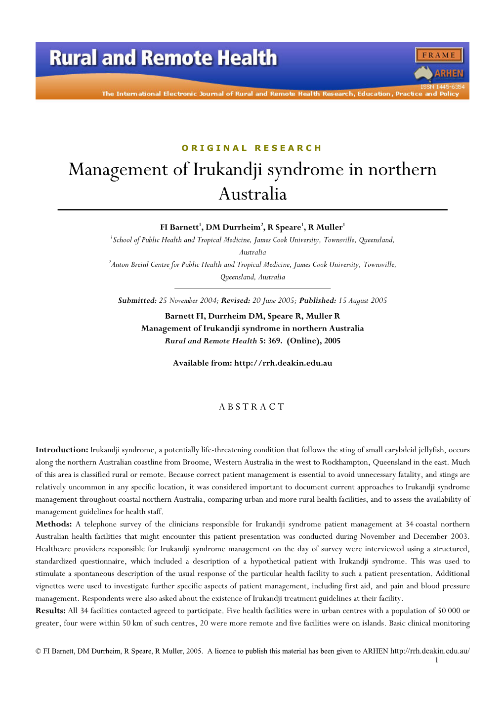 Management of Irukandji Syndrome in Northern Australia