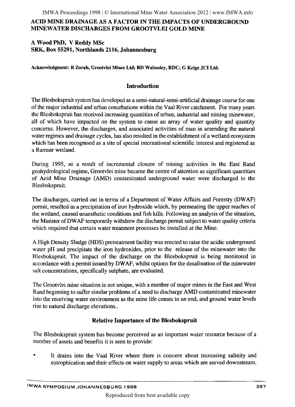 Acid Mine Drainage As a Factor in the Impacts of Underground Minewater Discharges from Grootvlei Gold Mine