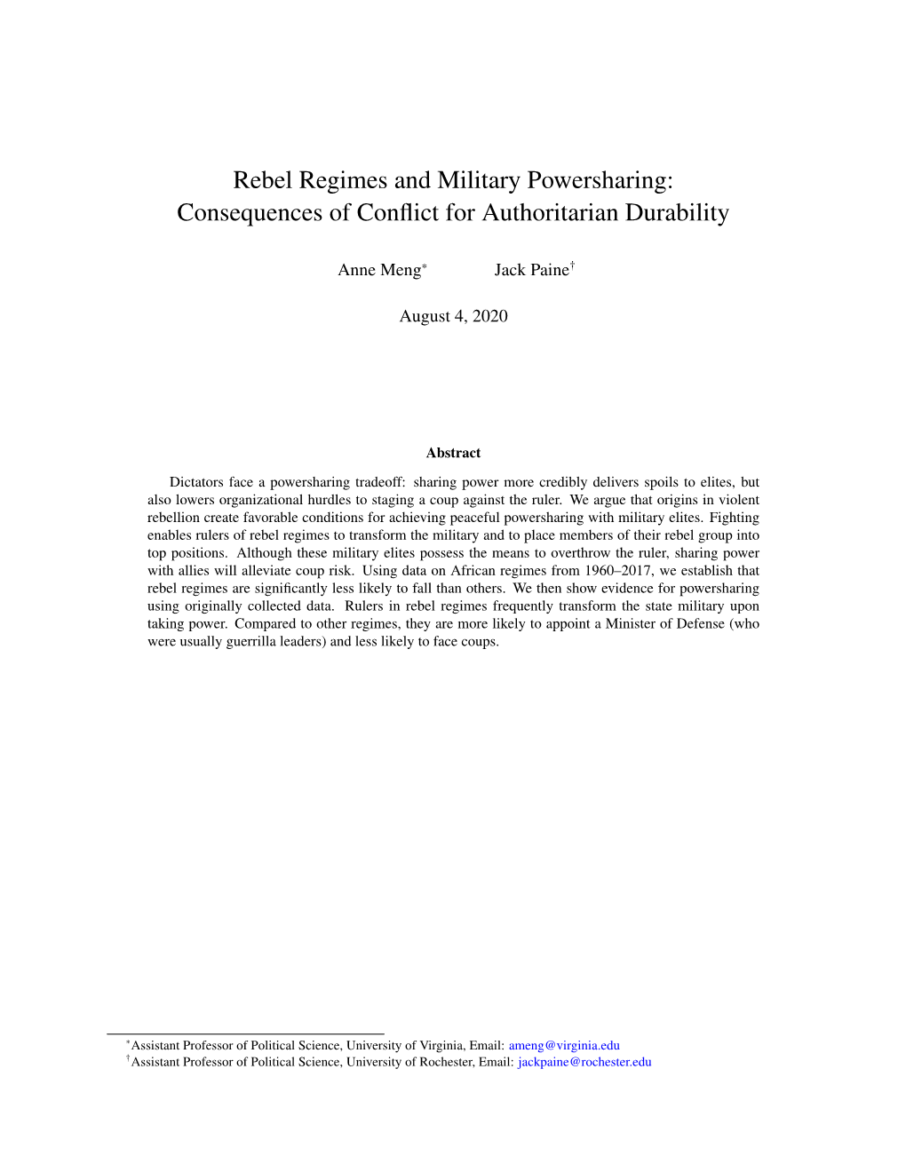 Rebel Regimes and Military Powersharing: Consequences of Conﬂict for Authoritarian Durability