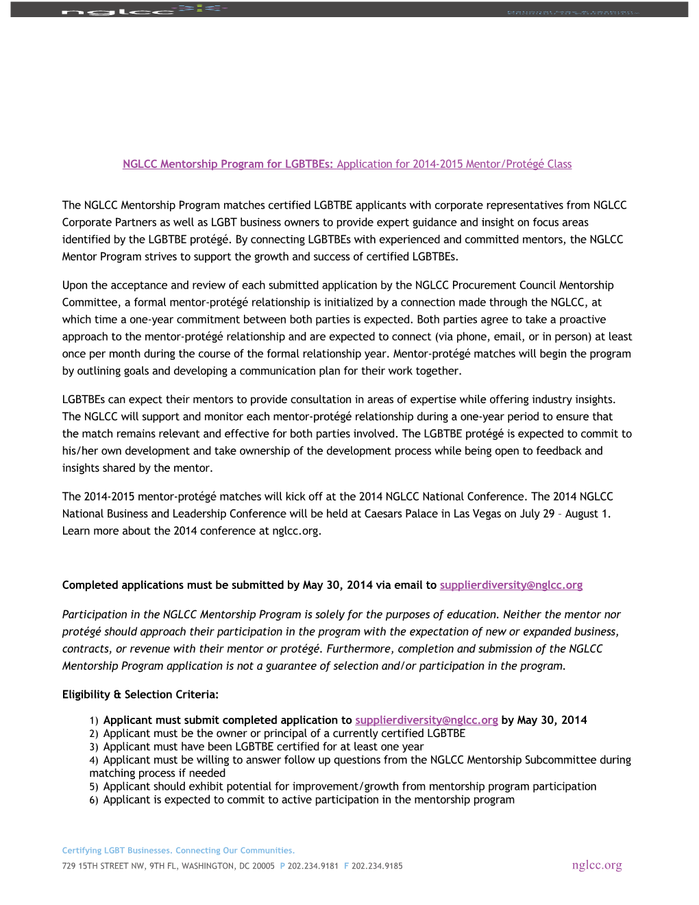 NGLCC Mentorship Program for Lgbtbes: Application for 2014-2015 Mentor/Protégé Class