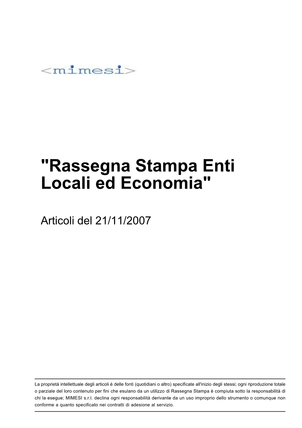 "Rassegna Stampa Enti Locali Ed Economia"