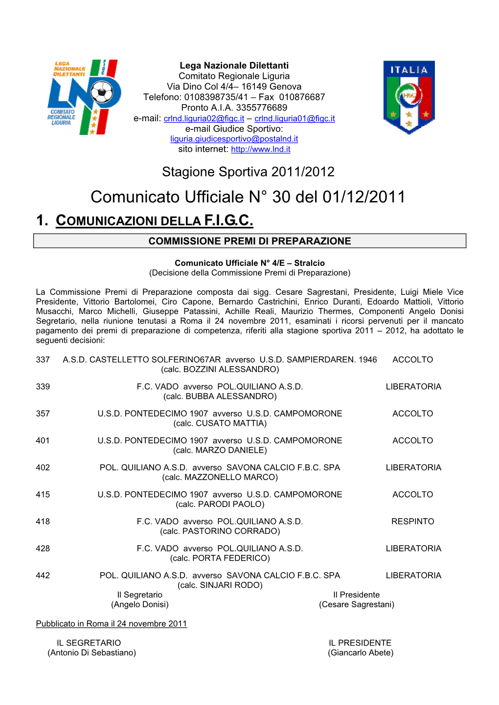 Comunicato Figc Liguria 1 Dicembre 2011