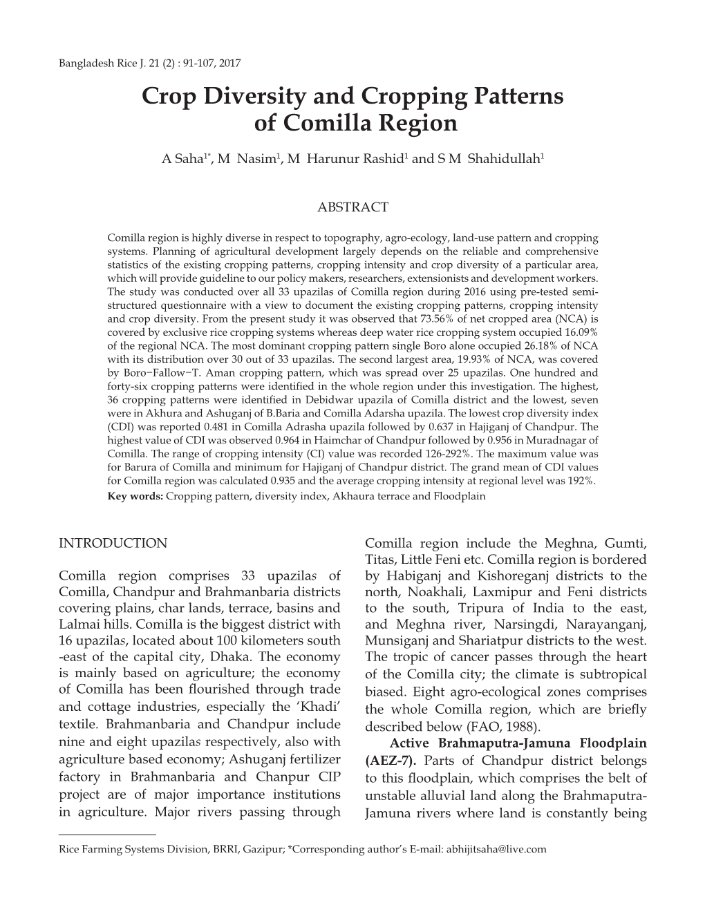 Crop Diversity and Cropping Patterns of Comilla Region