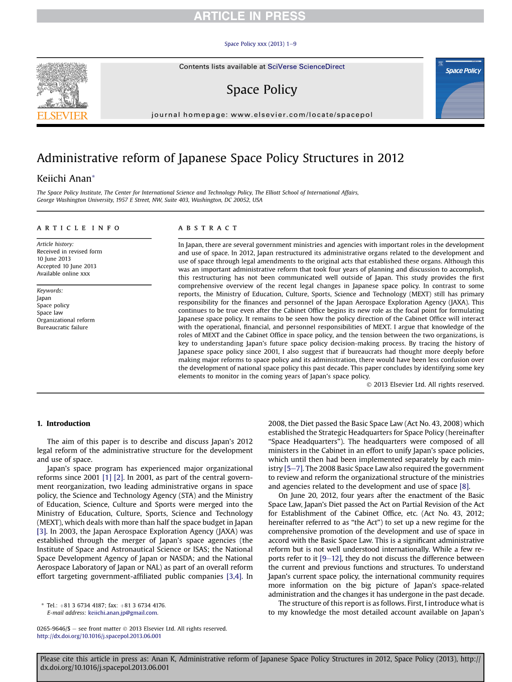 Administrative Reform of Japanese Space Policy Structures in 2012