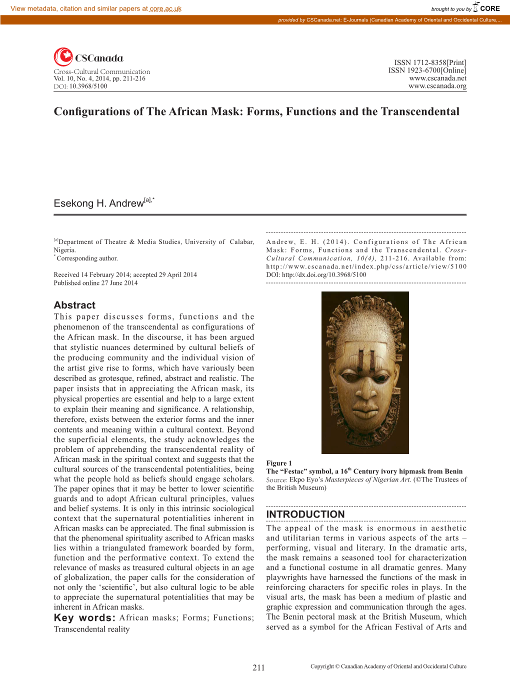 Configurations of the African Mask: Forms, Functions and the Transcendental