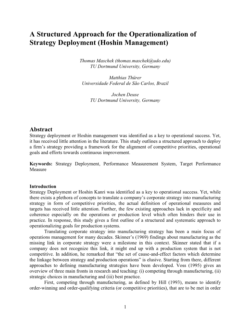 A Structured Approach for the Operationalization of Strategy Deployment (Hoshin Management)