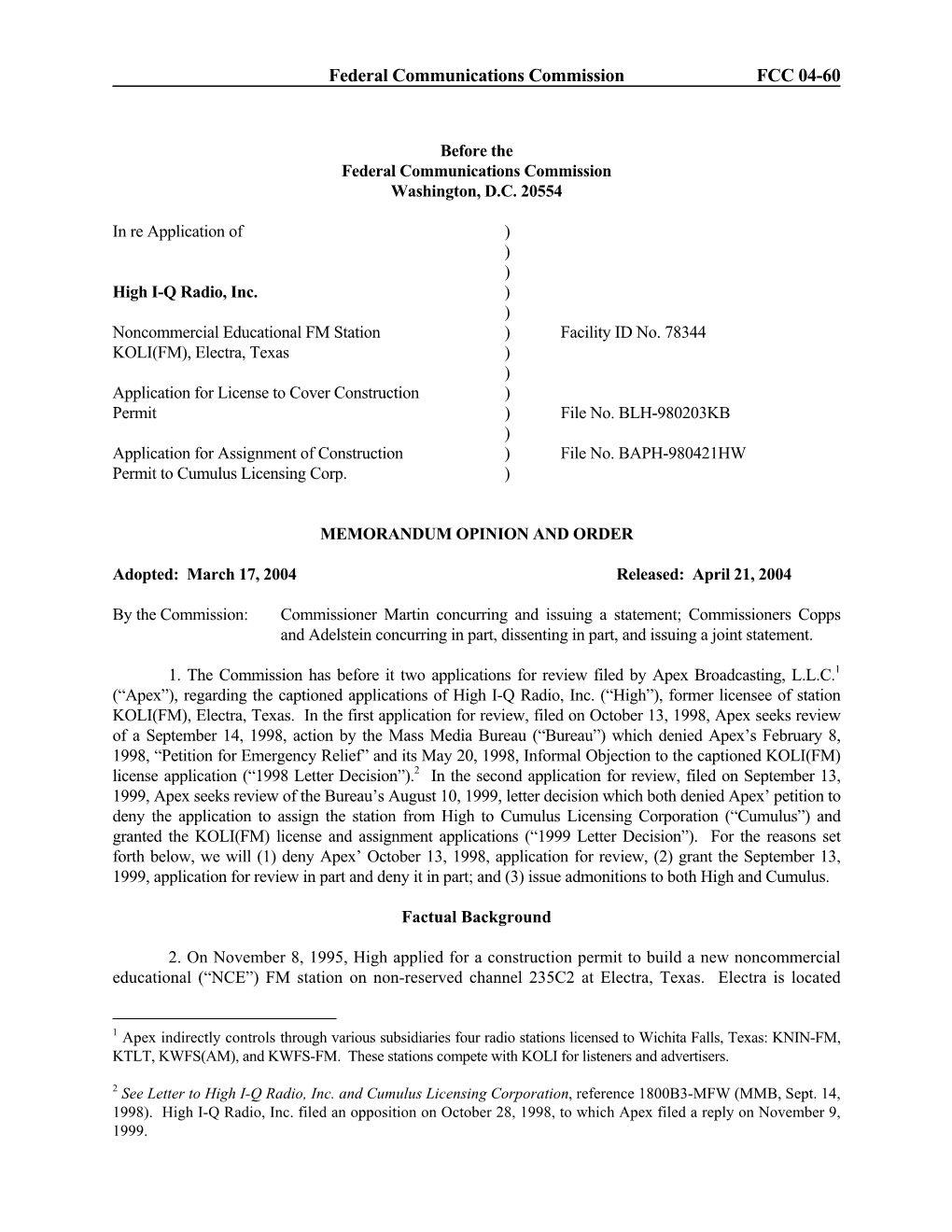 Federal Communications Commission FCC 04-60