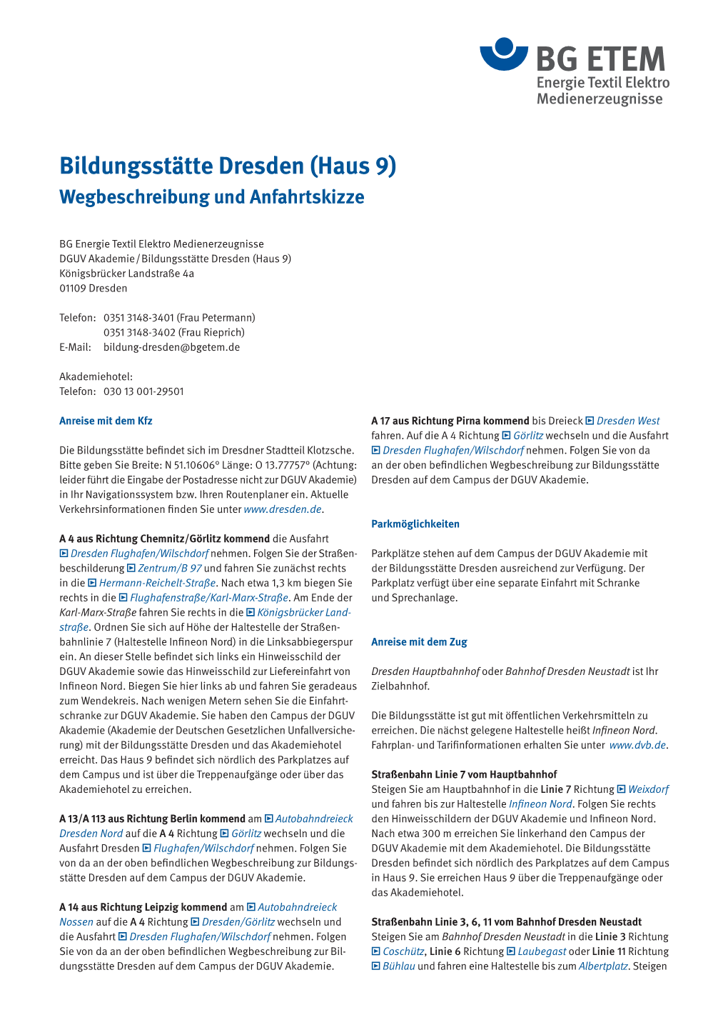 Bildungsstätte Dresden (Haus 9) Wegbeschreibung Und Anfahrtskizze