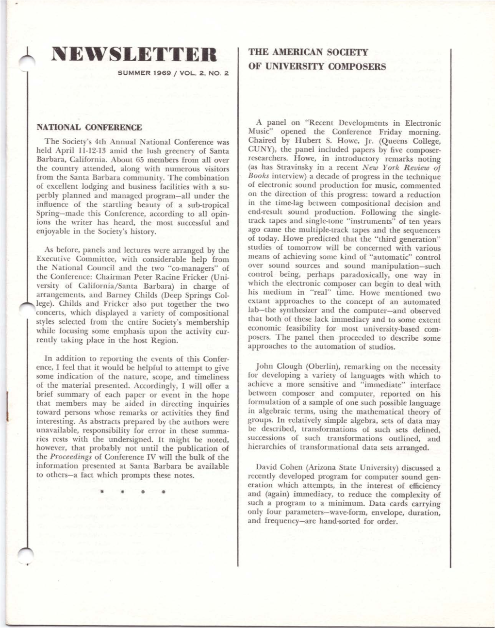 Newsletter the American Society of University Composers Summer 1969 /Vol