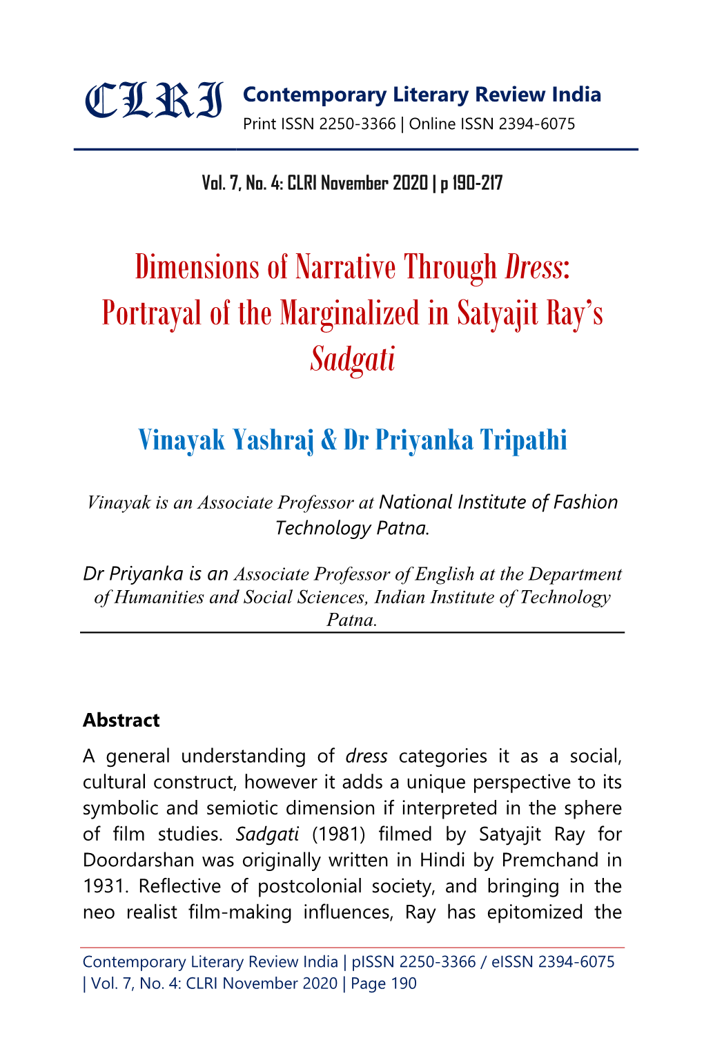 Portrayal of the Marginalized in Satyajit Ray's Sadgati