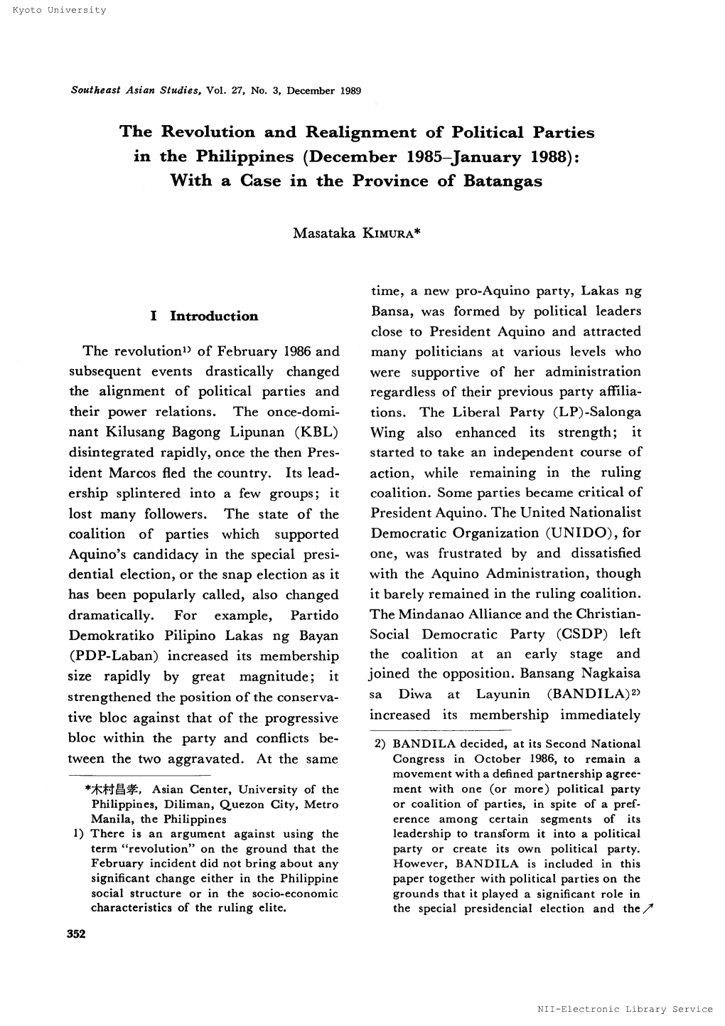 In the Philippines (December 1985-January 1988): with a Case in the Province of Batangas