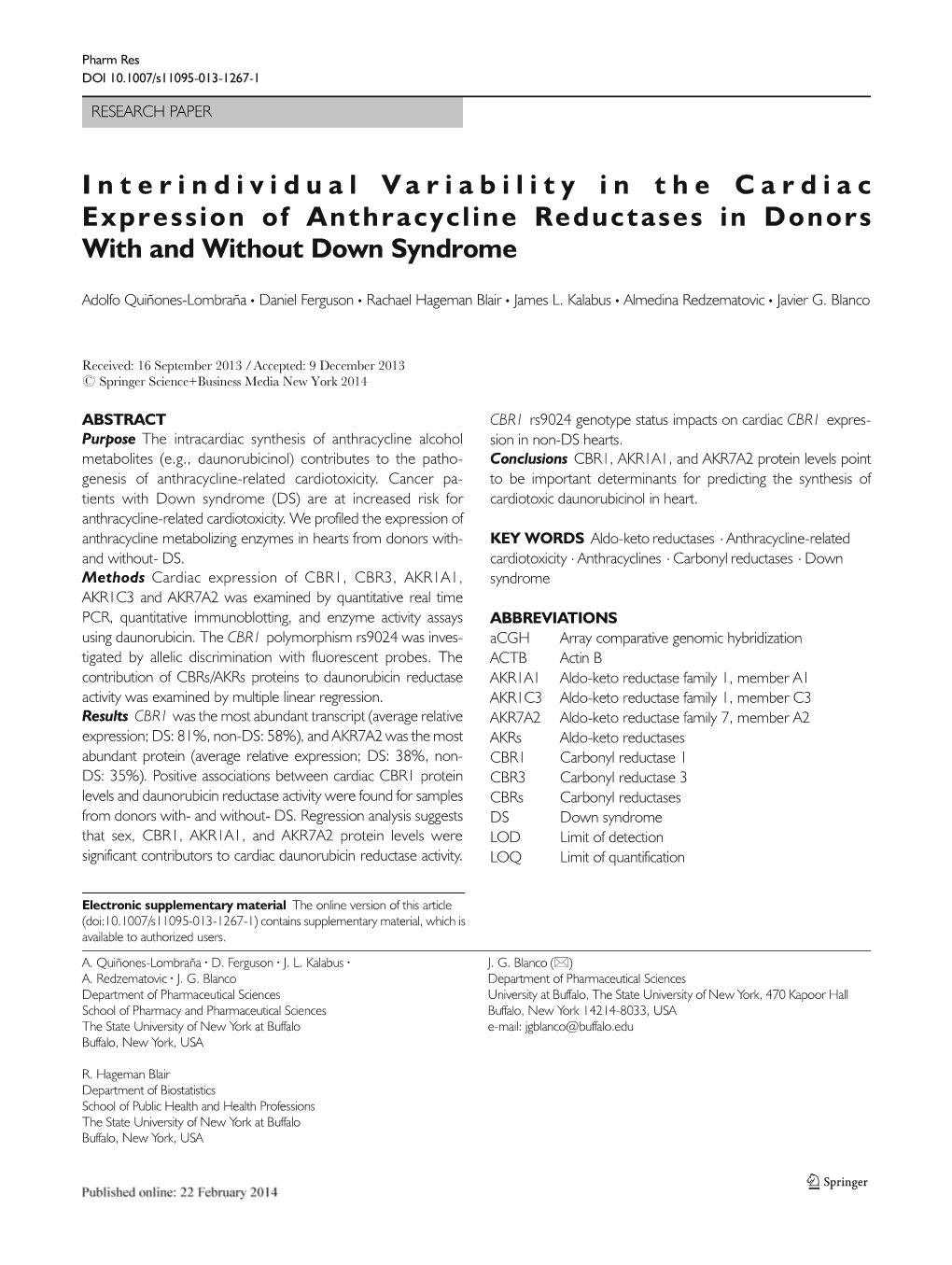 Interindividual Variability in the Cardiac Expression of Anthracycline Reductases in Donors with and Without Down Syndrome