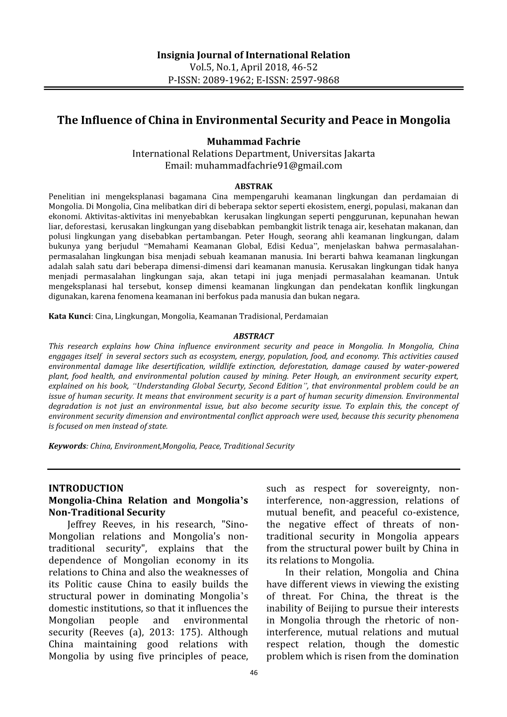 The Influence of China in Environmental Security and Peace in Mongolia