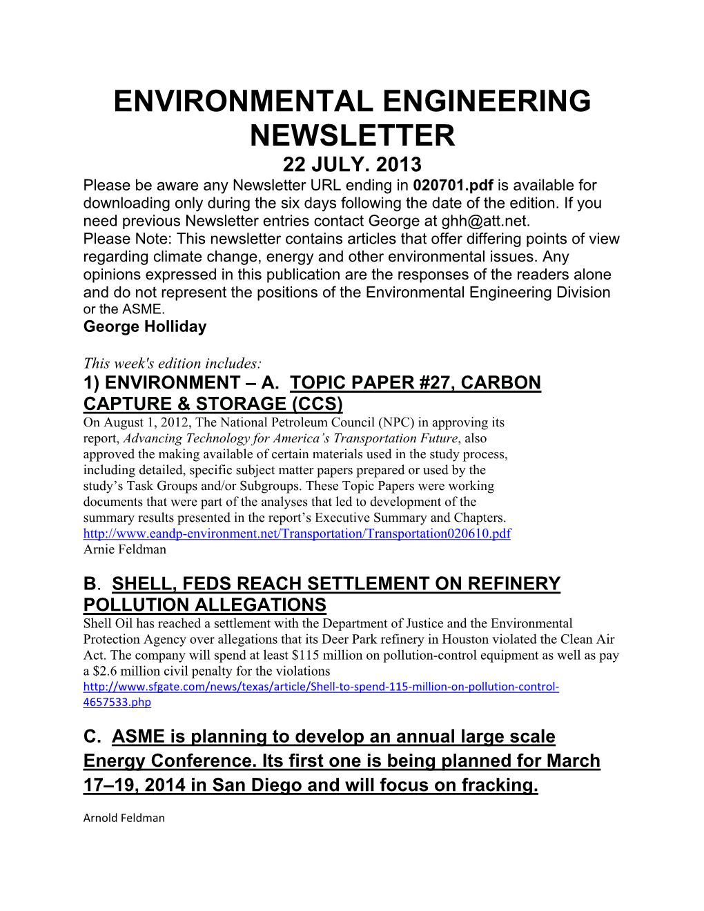 Environmental Engineering Newsletter 22 July