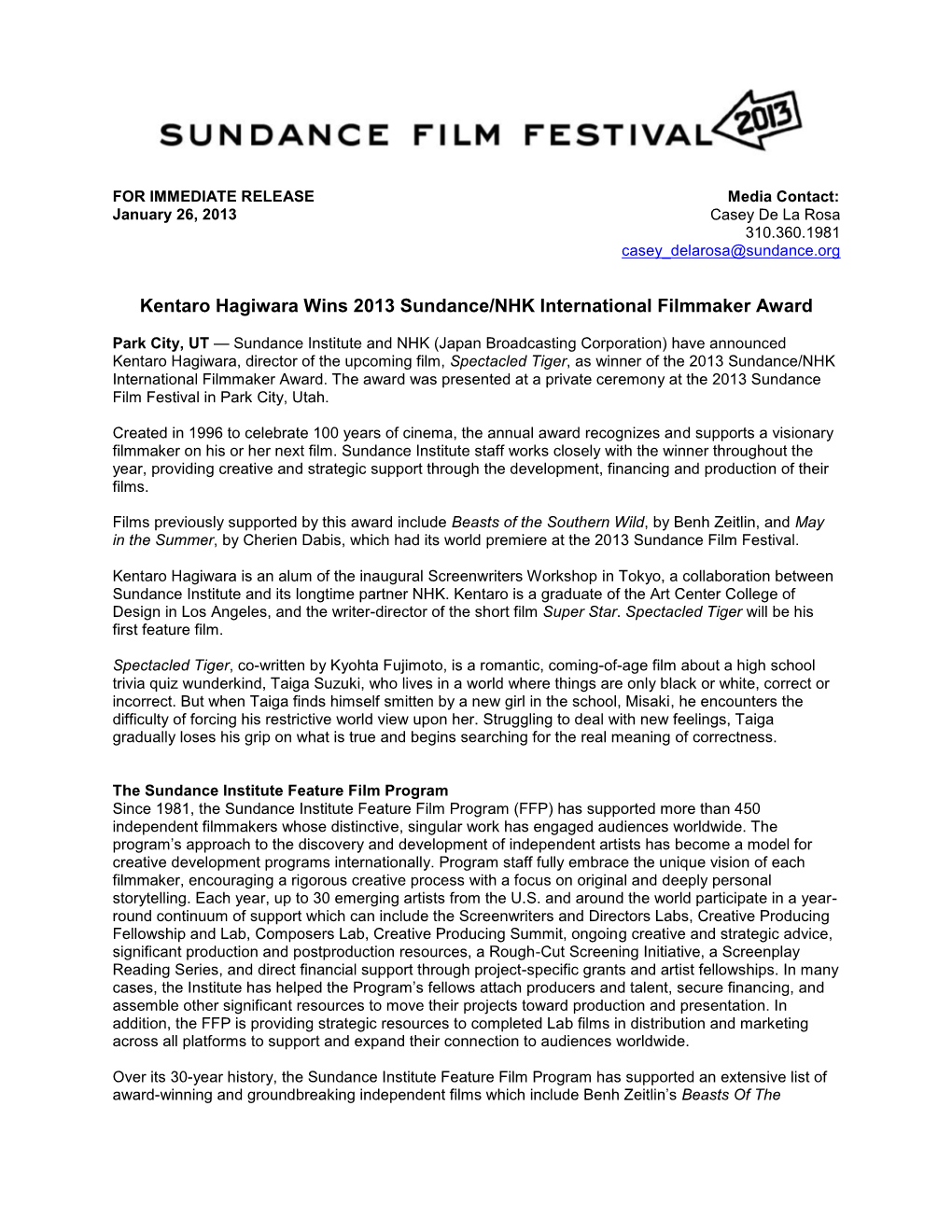Kentaro Hagiwara Wins 2013 Sundance/NHK International Filmmaker Award