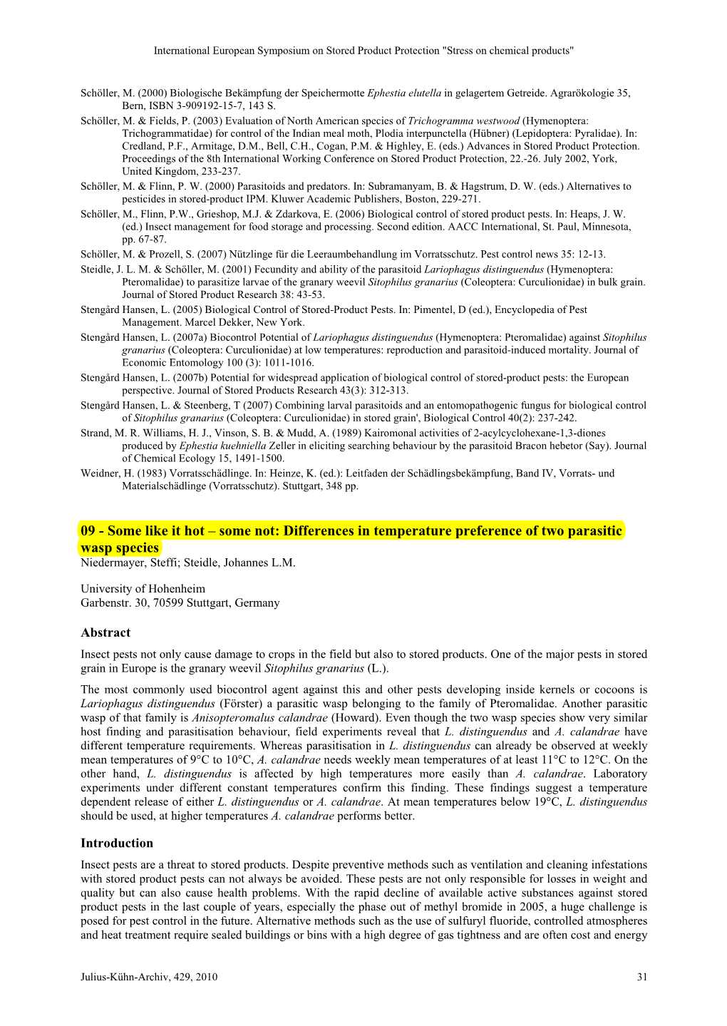 Differences in Temperature Preference of Two Parasitic Wasp Species Niedermayer, Steffi; Steidle, Johannes L.M