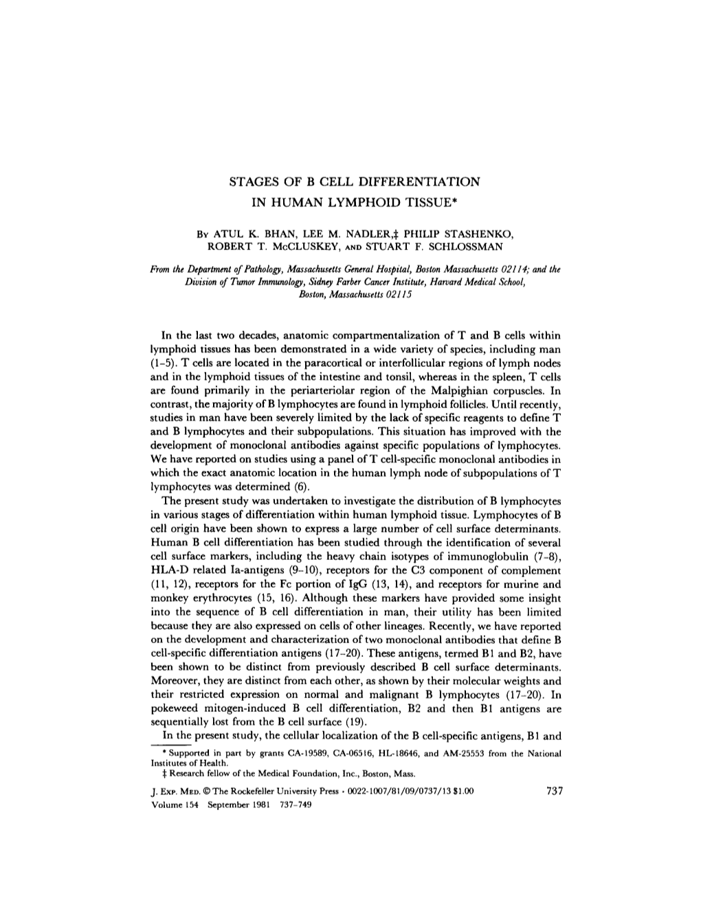 Stages of B Cell Differentiation in Human Lymphoid Tissue*