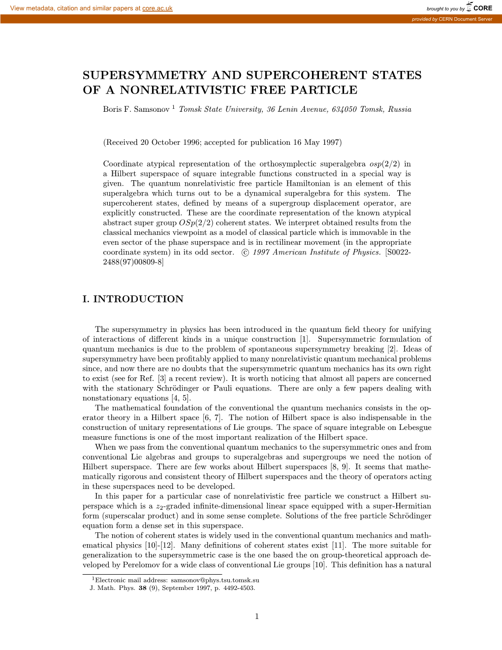 Supersymmetry and Supercoherent States of a Nonrelativistic Free Particle