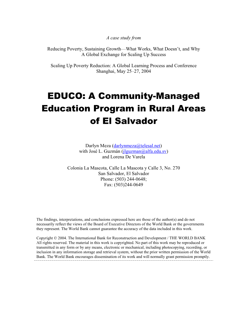EDUCO: a Community-Managed Education Program in Rural Areas of El Salvador