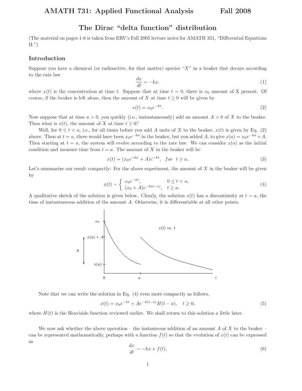 AMATH 731: Applied Functional Analysis Fall 2008 the Dirac “Delta Function” Distribution