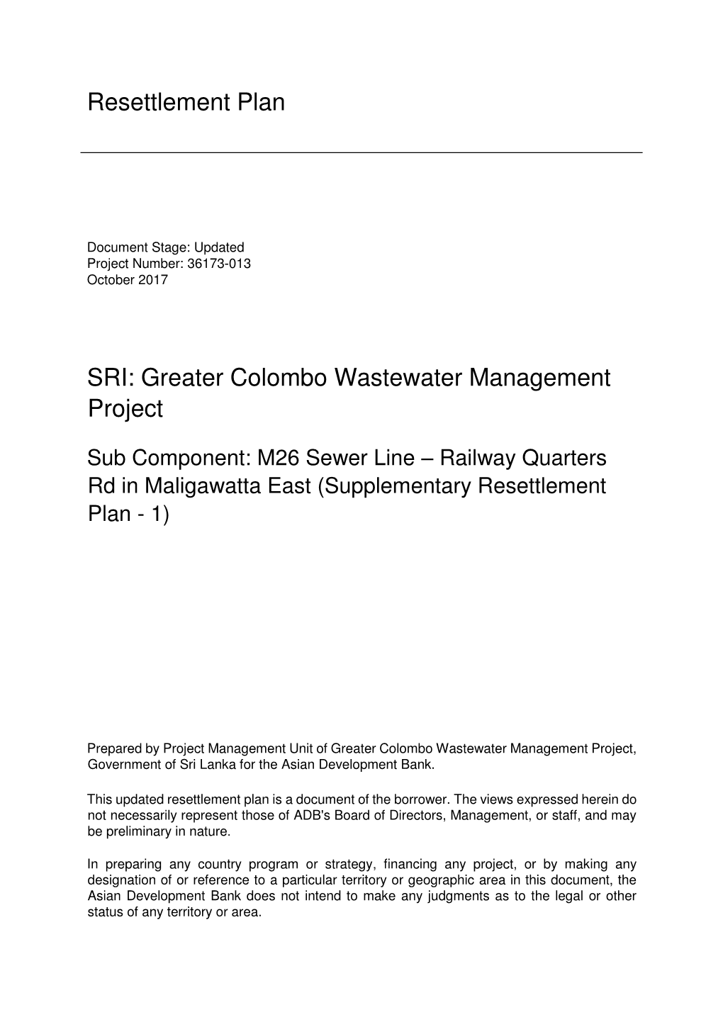 Resettlement Plan SRI: Greater Colombo Wastewater Management