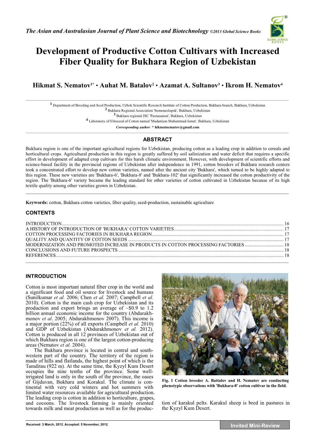 Development of Productive Cotton Cultivars with Increased Fiber Quality for Bukhara Region of Uzbekistan