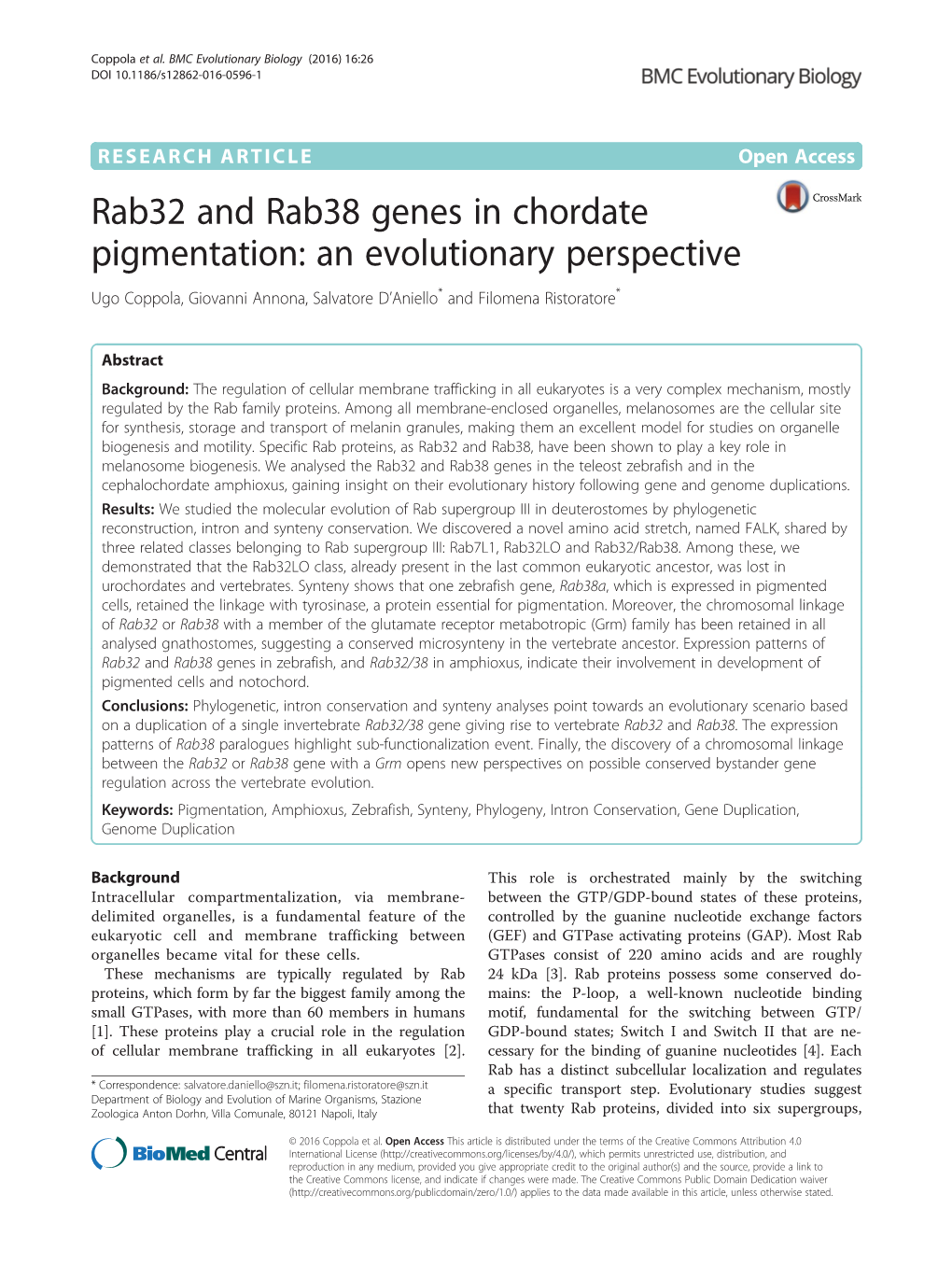 Rab32 and Rab38 Genes in Chordate Pigmentation: an Evolutionary Perspective Ugo Coppola, Giovanni Annona, Salvatore D’Aniello* and Filomena Ristoratore*