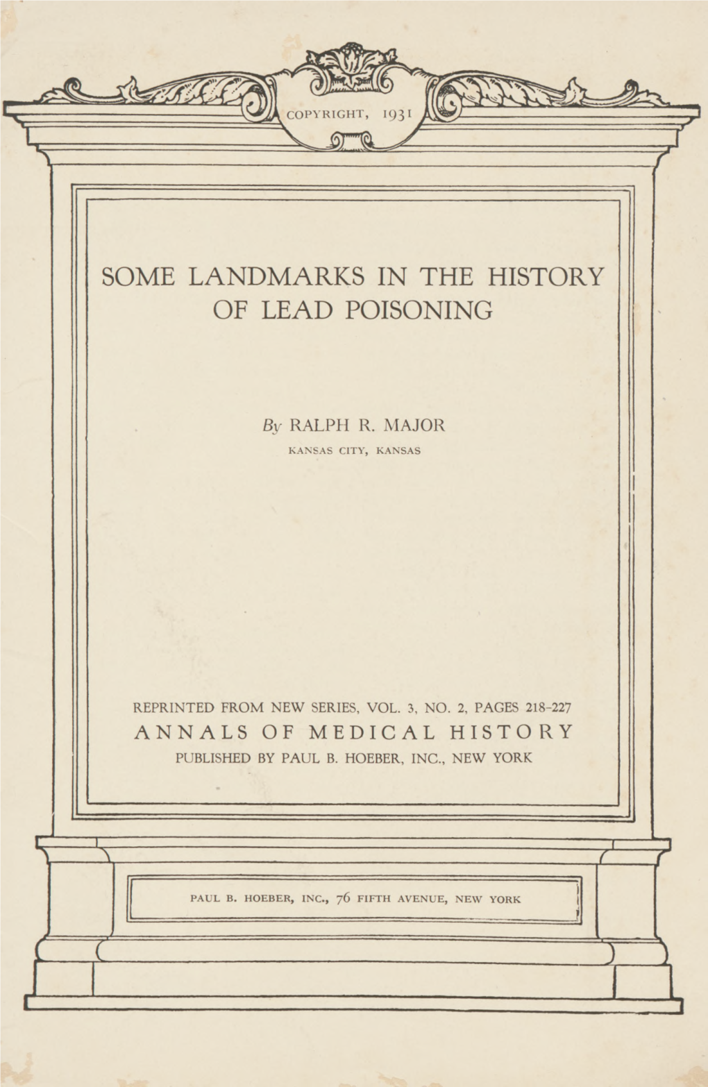 Some Landmarks in the History of Lead Poisoning