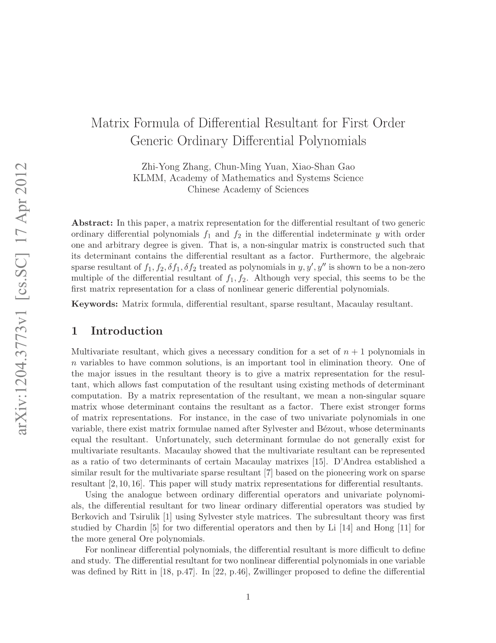 Matrix Formula of Differential Resultant for First Order Generic