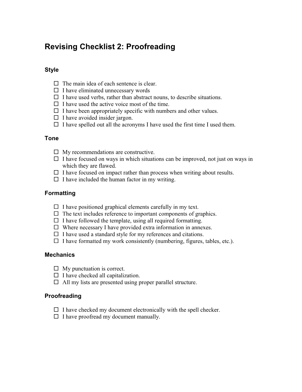 Revising Checklist 2: Proofreading